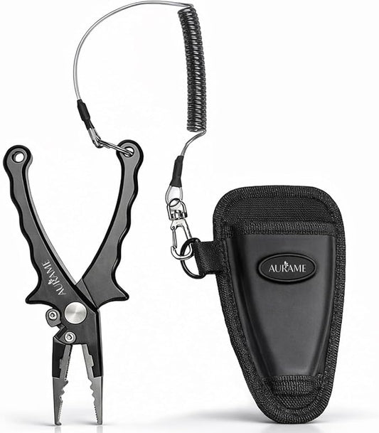 Fishing Pliers Saltwater Resistant Aluminum – Split Ring Pliers & Hook Remover Tool – 6.7in Braid Line Cutter, Sheath & Lanyard – Professional Fishing Tools Kit for Fresh & Salt Water