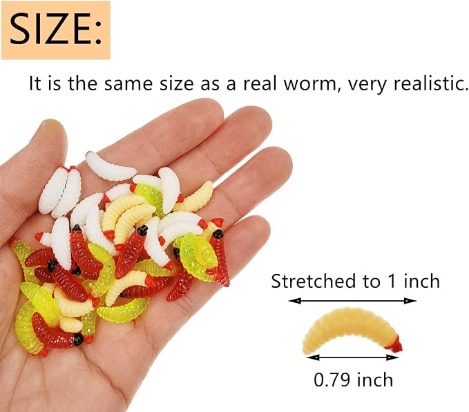 50pcs-1Inch Bass Fishing Worms Lures,Silicone Soft Maggot Baits Bread Worm Fishing Lure,5 Color