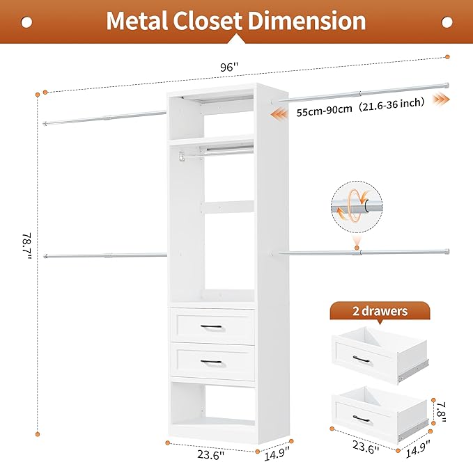 79"H Closet System, 2-8.2FT Metal Closet Organizer with 4 Expandable Hanging Rods, Walk In Closet Organizers and Storage, Clothes Closet with 5 Hanging Zones, 2 Drawers, 2 Shelving Towers