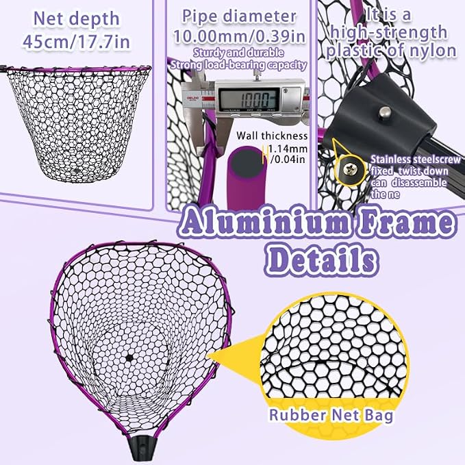 Telescoping Metal Lock Fishing Net with Handle Red Green 64" 52" Rubber Fish Net - Adjustable Length Lightweight Foldable Large Big Collapsible Extendable Fishing Net