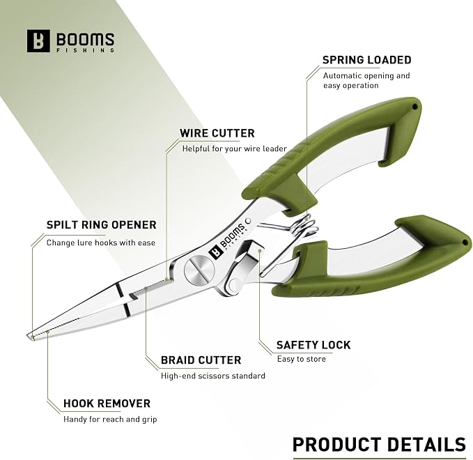 Booms Fishing H01 Small Fishing Pliers Scissors Braid Cutters Stainless Steel Fishing Tools Split Ring Pliers Hook Remover
