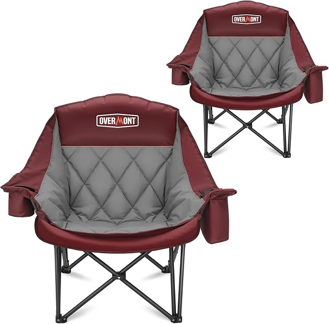Overmont Oversized XL Camping Chair for Adults - 500lbs Support Heavy-Duty Padded Folding Chair with Side Pocket Cup Holder Cooling Bag for Outdoor Sports Garden Beach Fishing Lawn Red 2pcs