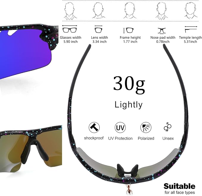 BangLong Polarized Cycling Sunglasses for Men Women, 26g Sports Sunglasses with 5 Lenses for Running Fishing Baseball Driving
