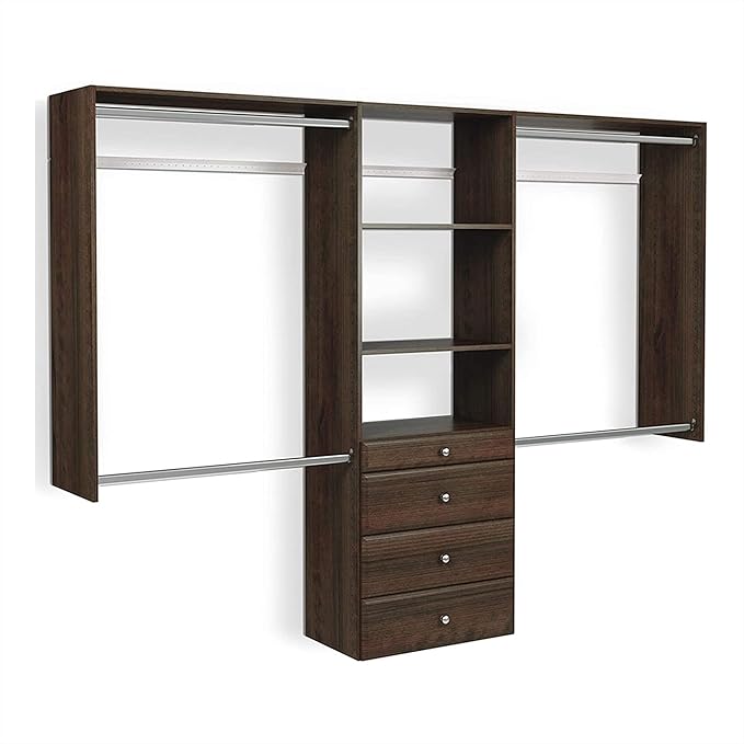 Easy Track OK7272-T Deluxe Tower Closet Storage Wall Mounted Wardrobe Organizer Kit System with Shelves & Drawers for Bedroom in Truffle with Chrome Hardware
