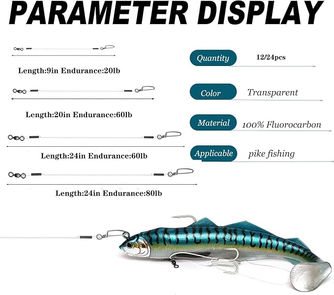 Fluorocarbon Fishing Leader,20LB-80LB Fluorocarbon Leaders for Saltwater Freshwater,100% Fluorocarbon Leaders Line with Swivels and Snap…