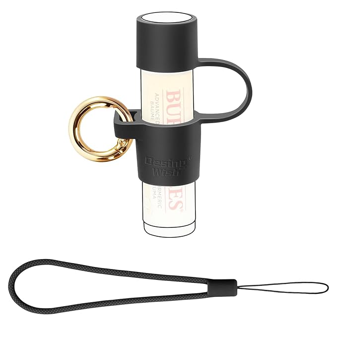 Silicone Chapstick Holder with Cap Cover, 0.6'' Diameter Portable Lip Balm Holder Key Chain Sleeve Chapstick Keychain Holder with Wrist Strap Lanyard - Black