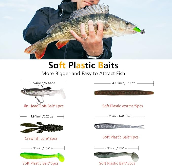 Fishing Lures Kit Set, Baits Tackle Including Crankbaits, Topwater Lures, Spinnerbaits, Worms, Jigs, Hooks, Tackle Box and More Fishing Gear Lures for Bass Trout