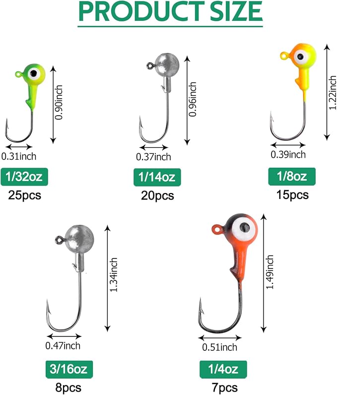 Fishing Jig Heads Hooks Set, 75pcs Assorted Round Jig Head Fishing Lures Crappie Jig Heads Hooks for Bass Trout Crappie Walleye Saltwater Freshwater Fishing Tackle