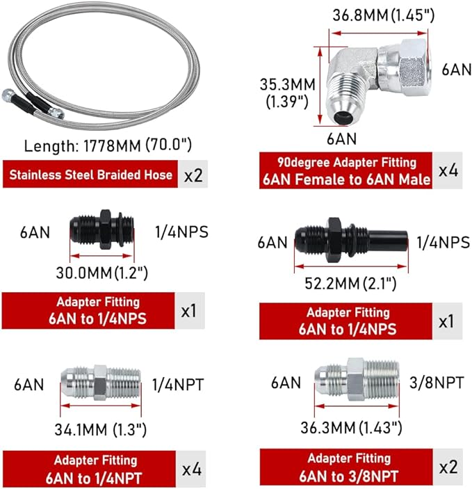 6AN 70" Transmission Fluid Oil Cooler Hose Line kit for GM Chevy Transmission 4L80E TH350 TH400 4L60E 700R4 200-4R TR6060 Ford AOD 4R100 4R70W and C5 Stainless Steel Braided PTFE Hose