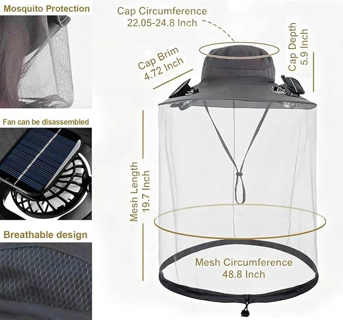 Fishing Hats with Sunglasses, Wide Brim Sun Hat with 2 Solar Fan, USB & Solar Powered Fishing Hats, Solar Fan Hats UPF 50+