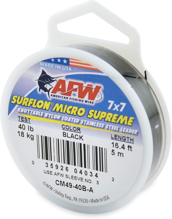 American Fishing Wire Surflon Micro Supreme Nylon Coated 7x7 Stainless Steel Leader Wire - Knottable Wire Leaders for Fishing Saltwater, Fly Fishing, 13lb Test - 90lb Test, Bright, Black & Camo Colors