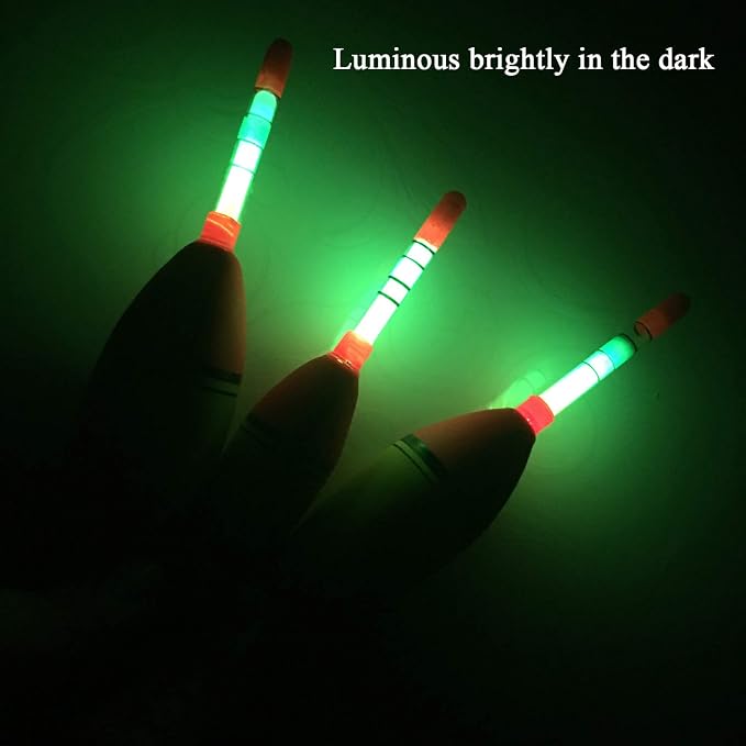 QualyQualy Lighted Fishing Slip Bobber 4-5Pcs Wood/EVA Fish Float + 8-10Pcs Glow Sticks, Night Fishing Light Up Slip Bobber for Crappie Bass Panfish Catfish Walleye
