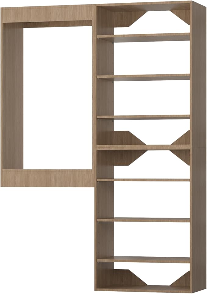 ROOMTEC Modular Closet System, 55" Wall-Mounted Closet Organizer with Hanging Rods and Shelves, Wooden Tower for Walk-In Closets, Wardrobe Storage Kit, Wood