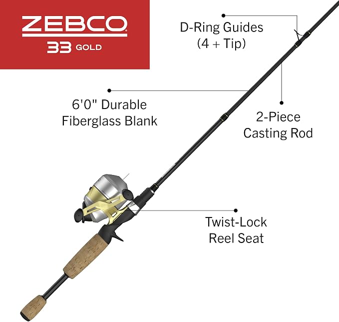 Zebco 33 Spincast Reel and 2-Piece Fishing Rod Combo, Fiberglass Rod with Comfortable Split-Grip Cork Handle, Instant Anti-Reverse Fishing Reel