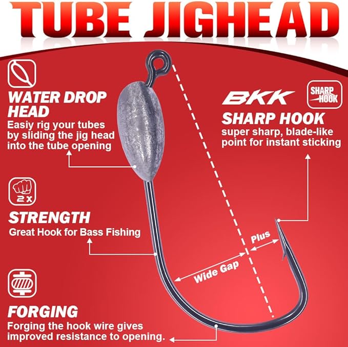 XFISHMAN-Tube-Jig-Heads-for-Bass-Fishing-Tube-Bait-Hooks 1/16oz 1/8oz 3/16oz 1/4oz (12-Pack)