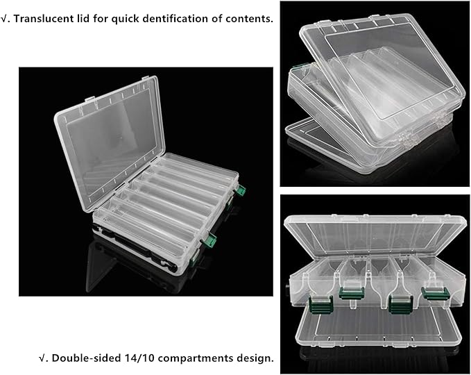 Double-Sided Fishing Lure Hook Tackle Box Visible Hard Plastic Clear Fishing Lure Bait Squid Jig Minnows Hooks Accessory Storage Case Container (Clear-14 Slots)
