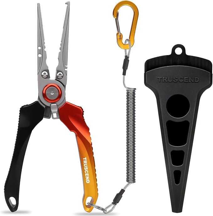 TRUSCEND Easy Use Lockable Fishing Pliers with Tungsten Carbide Cutter, Innovative Ergonomic Handy Handle, Saltwater Corrosion Resistant Teflon Coated Fishing Tool, Light Multi-Function Fishing Gear
