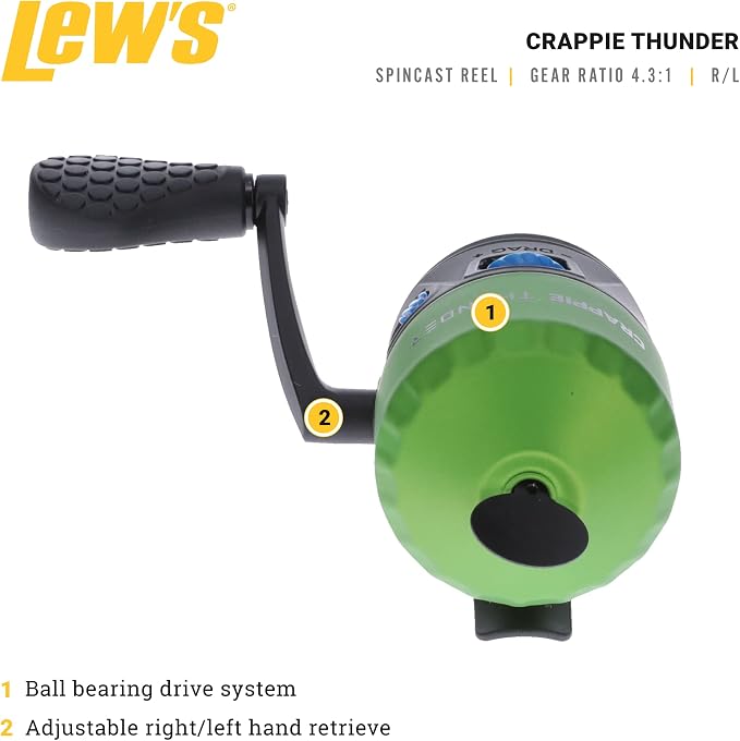 Lew's Crappie Thunder Spincast Fishing Reel, 4.3:1 Gear Ratio, Right or Left-Hand Retrieve, Crappie Thunder Green