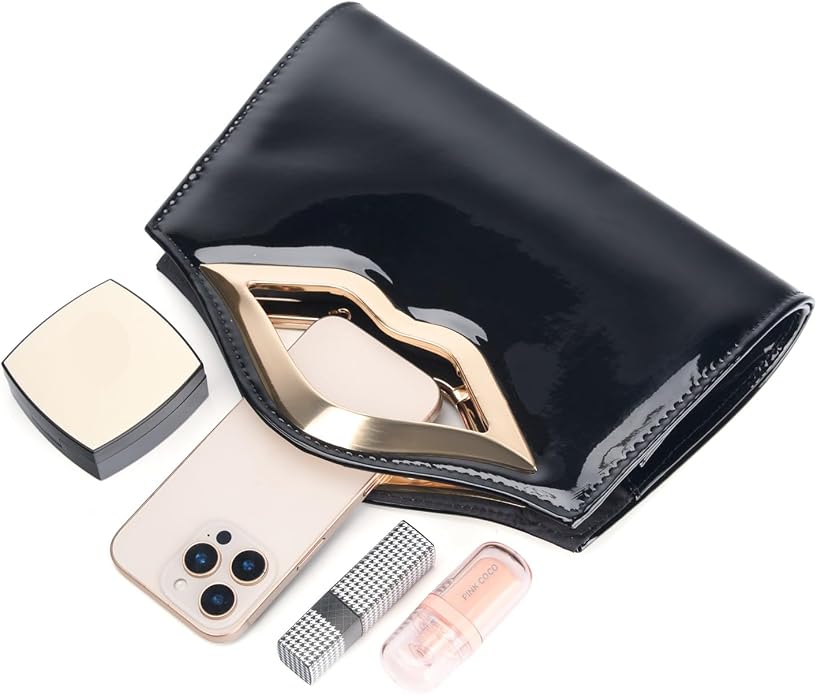 DETARA Patent Leather Evening Clutch Purse for Women Lip Metal Grip Handle Handbag for Cocktail Party Prom
