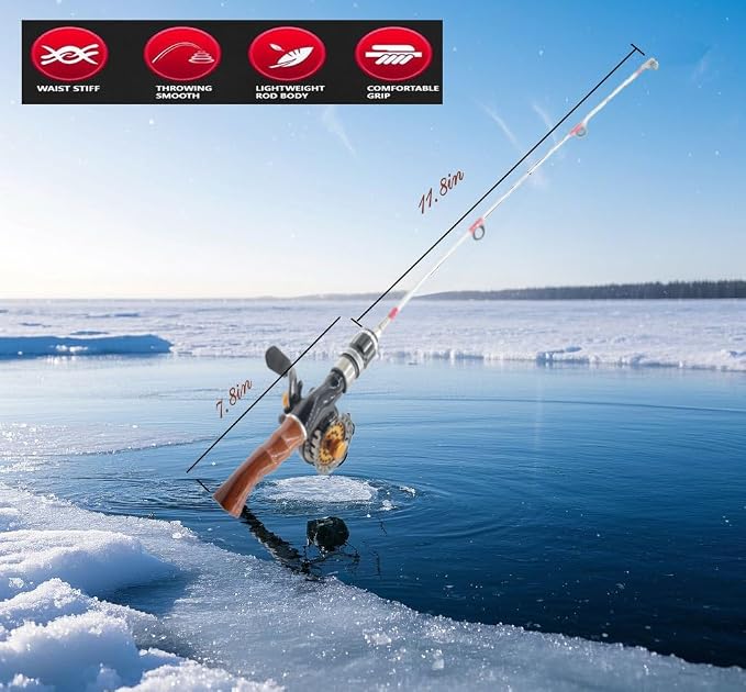 19.7” Ice Fishing Rod and Reel Combo-Spinning Ice Fishing Combos Fishing Poles Bass Crappie Rod Fishing Pole Kids Fishing Pole Ice Fishing Gear for Winter Fishing