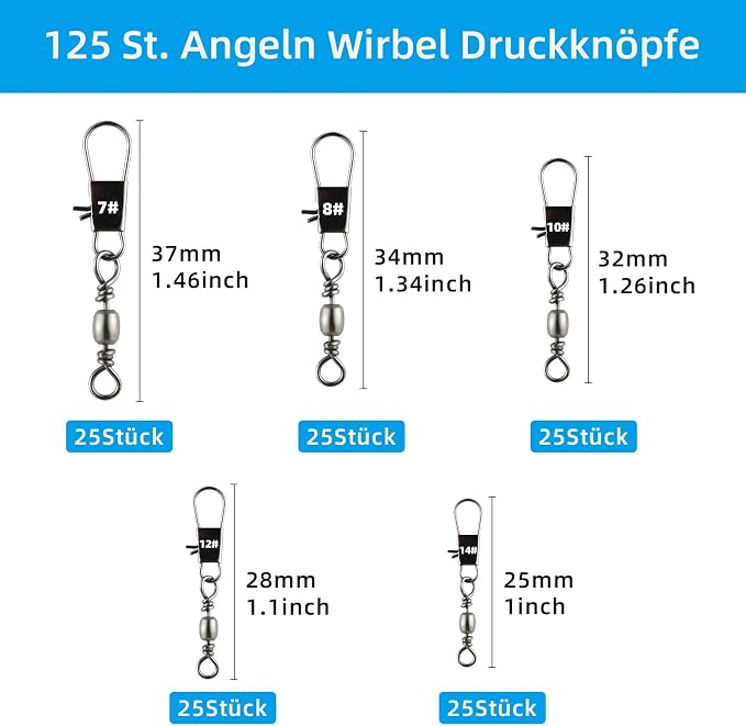 Realure 125 Pcs Barrel Snap Swivel Fishing Rolling Ball Bearing Swivels with Safety Snap 7# 8# 10# 12# 14# Quick Change Fishing Connector with Ball Bearing Swivels Snaps for Connecting Hooks & Lures