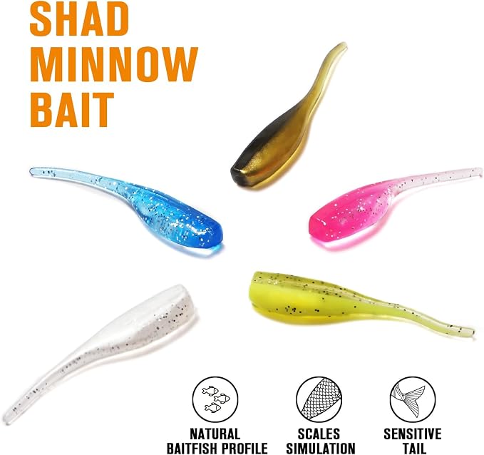Dovesun Crappie Lures Kit Fishing Soft Plastic Lures Crappie Walleye Trout Bass Fishing Baits Fishing Grub Worms Minnow Paddle-Tail Split-Tail Grub Swimbaits 50-100Pcs with Tackle Box