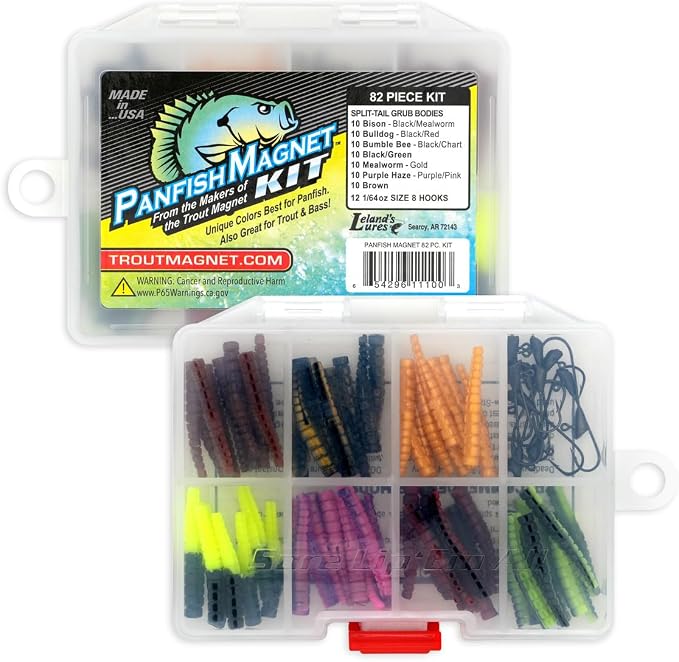 Trout Magnet 82 Piece Panfish Magnet Kit, with A Longer Shad Dart Hook, Includes 70 Split Tail Grub Bodies, 12 Black Size 8 Mustad Hooks, Catches All Types of Fish