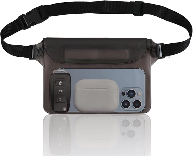 Triple zip lock protection Waterproof Fanny Pack - Waterproof Phone Pouch with Waist Strap，for Outdoor Water Sports, Boating, Hiking,Kayaking,Fishing ， Beach, Camping and Swimming (Transparent Black)