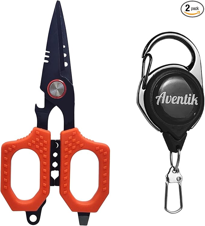 Eupheng 4.7 In Pro Fishing Scissors for Braided Line Mono Fluorocarbon with Zinger Retractor Clip, Dual Serrated Titanium-Coated Blades, Multifunction Fishing Shears