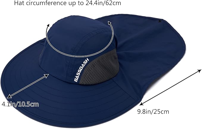 BASSDASH UPF 50+ Unisex Water Resistant Wide Brim Sun Hat with Large Neck Flap Ponytail Fishing Hat for Men Women