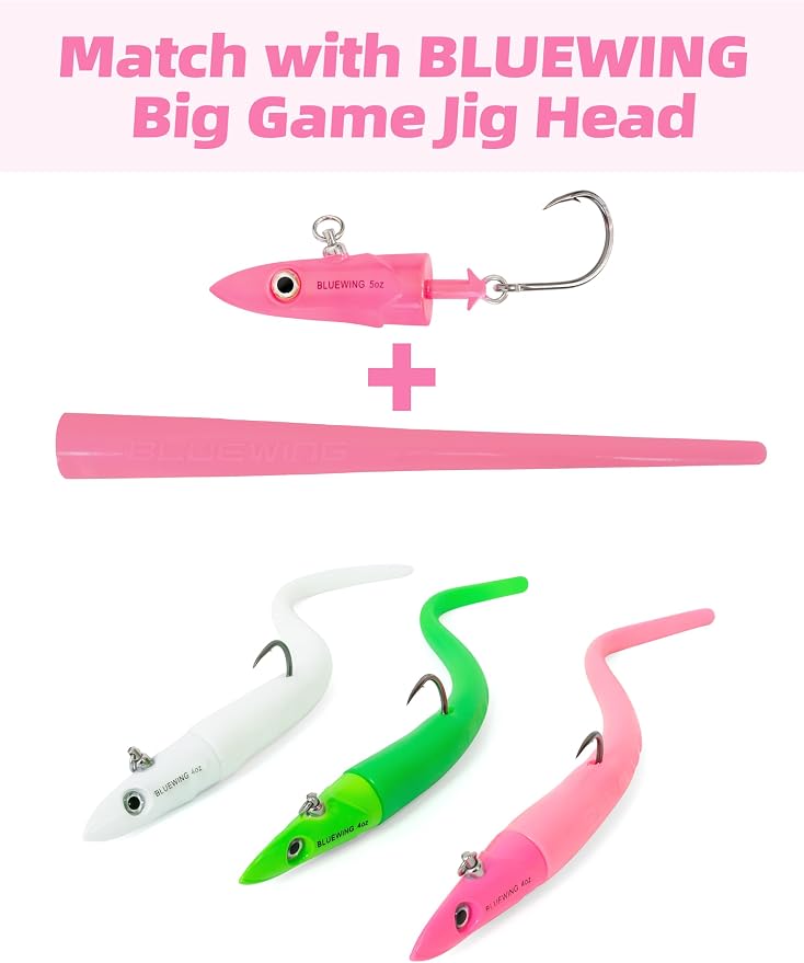 BLUEWING Jig Heads Saltwater 2oz,3oz,4oz,5oz,6oz,7oz Swimming Jigheads 1pc with High Carbon Steel Swing Hook and 6in/9in Replacement Tail Big Game Fishing Lures