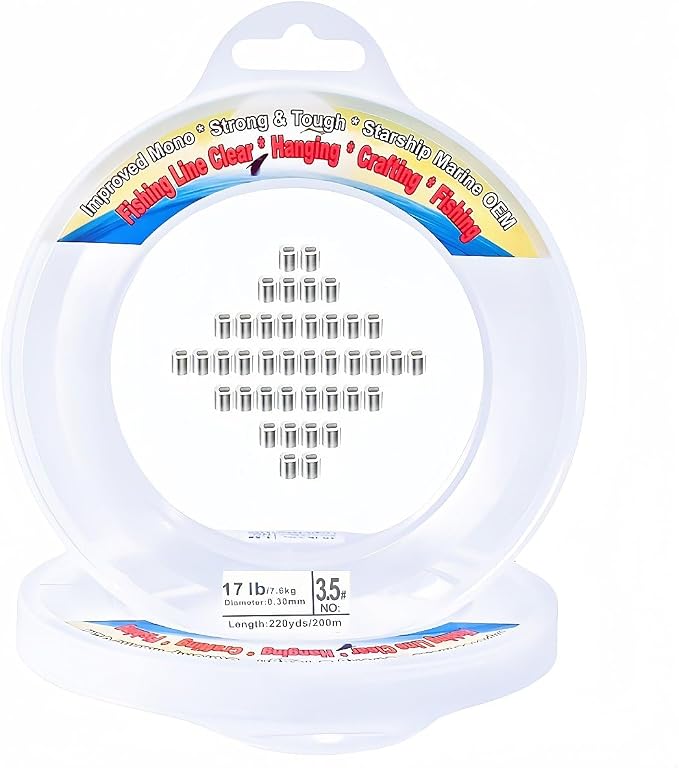 Aboda Clear Fishing Line 0.2-1 mm, Strong Invisible Nylon Fishing Wire 8-100 lb Test Includes Crimp Sleeves, Clear String for Hanging Decorations Balloons Garlands Crafts & Jewelry