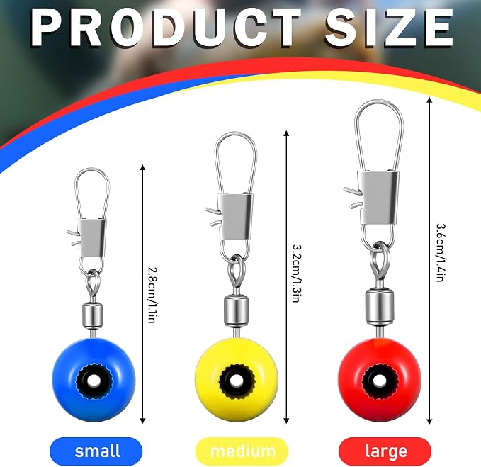 150 Pcs Fishing Line Sinker Slides Fishing Float Connector Rolling Swivels with Interlock Snaps for Catfish Carp Bass, Red Yellow Blue Color Coded 3 Sizes (Large, Medium, Small)