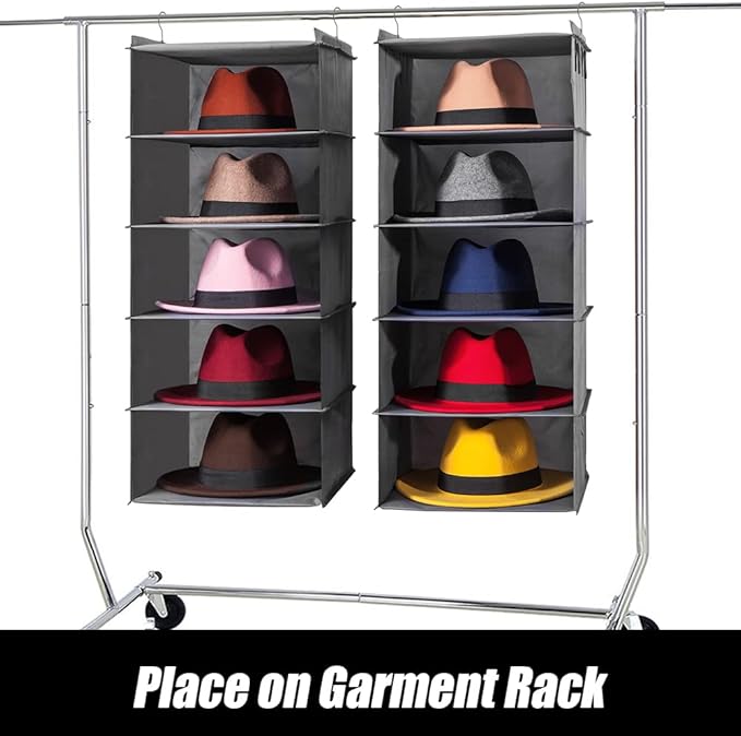 LADYBRO Hat Rack for Closet Hat Organizer 10 Shelf Organizer Fedora Trilby Hanging Storage Display Hanger Holder Caps Oxford Cloth Grey Space Saving
