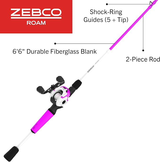 Zebco Roam Baitcast Reel and Fishing Rod Combo, 6-Foot 6-Inch 2-Piece Fiberglass Fishing Pole with Split-Grip MaxTac Rod Handle, Lightweight Graphite Frame, Right-Hand Retrieve