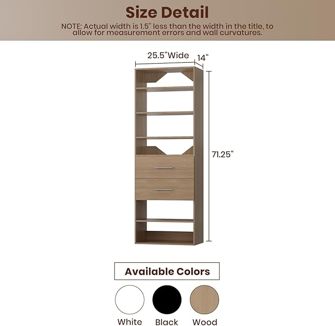 ROOMTEC Modular Closet System, 25.5" 2 Drawer Shelf Closet Tower Wall-Mounted Closet Organizer, Wooden Tower for Walk-In Closets, Wardrobe Storage Kit, Wood