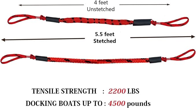 Bungee Dock Lines for Boat Shock Absorb Dock Tie Mooring Rope Boat Accessories 4-5.5 ft,4Pack (RED&Black spot)