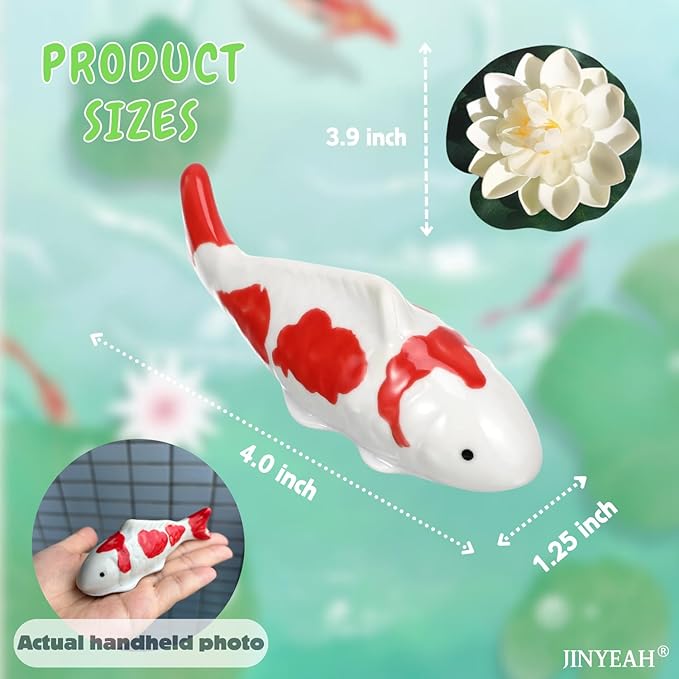 Ceramic Floating Koi Fish【china Glaze Craftsmanship】Pond Decor Ceramic Floating Fake Fish Goldfish Koi Decor for Floating Pond Fountain Birdbath Fake Aquarium Decor ( 2PCS Fish & 2PCS Lotus Flower)