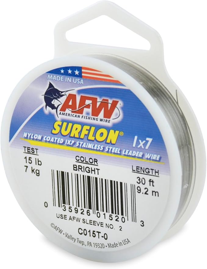 American Fishing Wire Surflon Nylon Coated 1x7 Stainless Steel Wire Leader - Wire Fishing Leader Line for Saltwater 10lb Up To 250lb Test in Bright, Black, Camo in 30ft, 100ft, 300ft, & 1000ft Lengths
