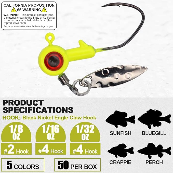 XFISHMAN Crappie-Jigs-Heads-Kit 1/8 1/16 1/32oz 50 Pack Panfish Fishing Jigs Lead Head Jig Hook Lure