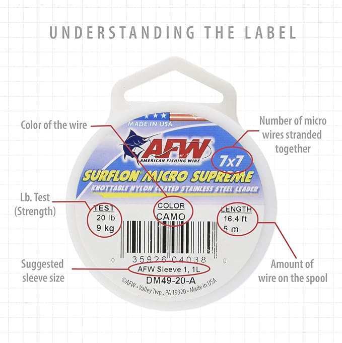 American Fishing Wire Surflon Micro Supreme Nylon Coated 7x7 Stainless Steel Leader Wire - Knottable Wire Leaders for Fishing Saltwater, Fly Fishing, 13lb Test - 90lb Test, Bright, Black & Camo Colors