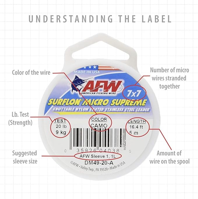 American Fishing Wire Surflon Micro Supreme Nylon Coated 7x7 Stainless Steel Leader Wire - Knottable Wire Leaders for Fishing Saltwater, Fly Fishing, 13lb Test - 90lb Test, Bright, Black & Camo Colors