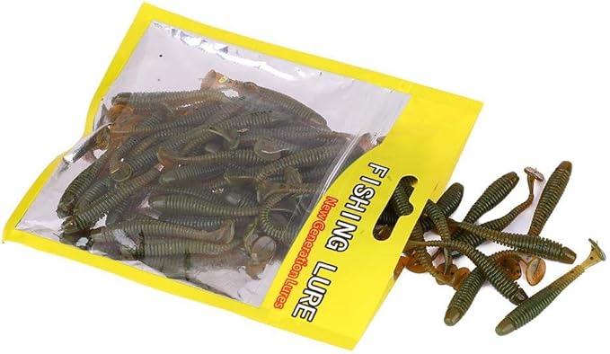 Tbest 50 Pcs 5cm Soft Fishing Lures, Plastic Fishing Bait T-Tail Grub Worm Baits Fish Tackle Accessory 9 Colors