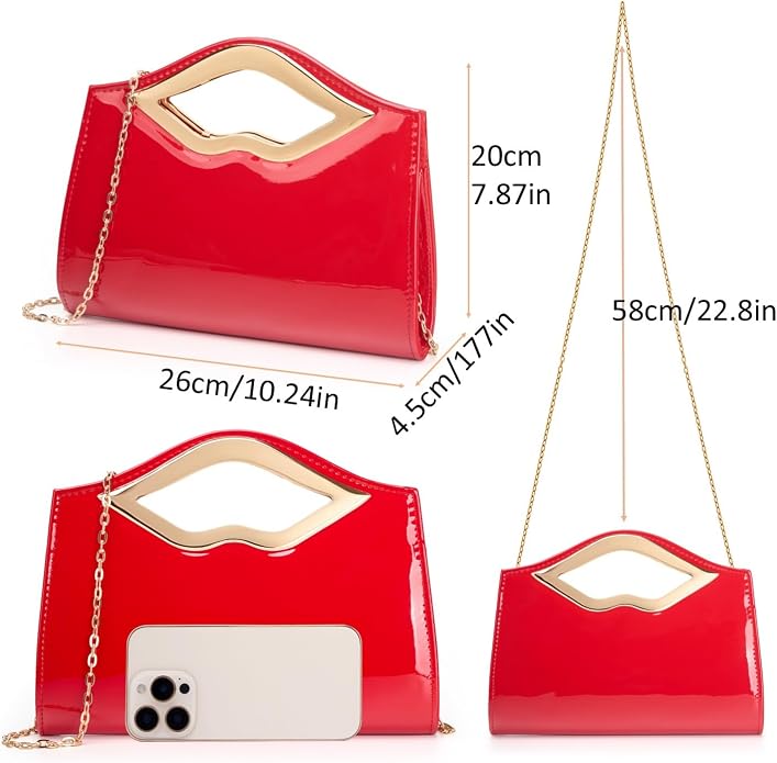 DETARA Patent Leather Evening Clutch Purse for Women Lip Metal Grip Handle Handbag for Cocktail Party Prom