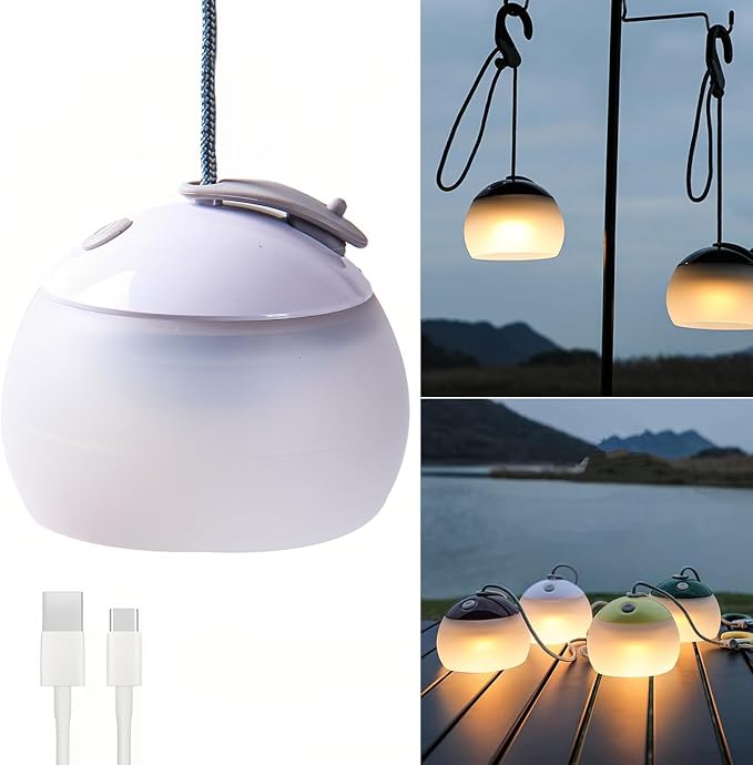 Rechargeable Camping Light with Atmosphere Decoration Lantern Round 3 Levels of Brightness Adjustment Hook Design Table Lamp Long Lasting for Emergency Tent Fishing
