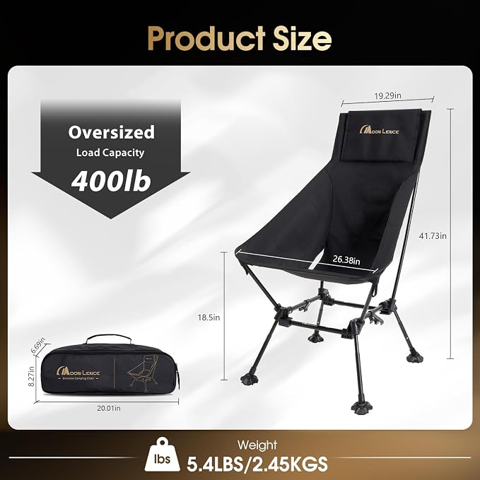 MOON LENCE Oversized High Back Camping Chair for Adults, Height Adjustable Folding Camp Chair | 400 lbs Capacity & 5.4 lbs Weight, Hidden Pillow Pocket Wide Seat for Camping Fishing Overlanding, Black