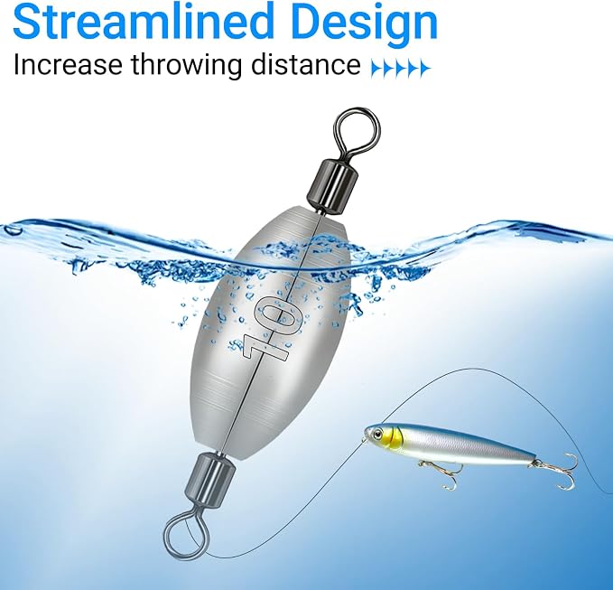 Inline Trolling Weights with Swivel, Fishing Sinkers for Catfish Bass Saltwater Freshwater, Anti-Twist Smooth Rolling Egg Sinker Design, Assorted Sizes Fishing Weights Kit