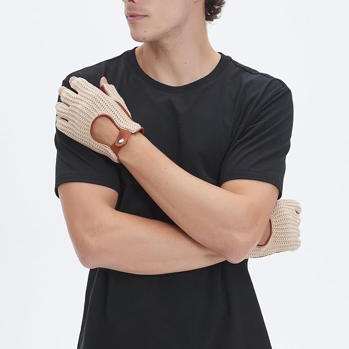 Fingerless Driving Gloves for Men– Soft Lambskin Leather, Crochet String Back