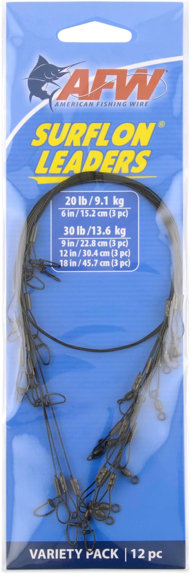 AFW Surflon Fishing Leaders – Black Nylon Coated Stainless Steel Wire, Swivel & Snap, 3 Pack, Variety Pack – Strong Leader Line for Catfishing & Toothy Game Fish