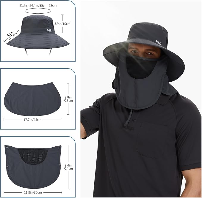 BASSDASH UPF 50+ Breathable Sun Hat with Removable Face Cover and Neck Flap Wide Brim Bucket Hat for Fishing Hiking Men Women